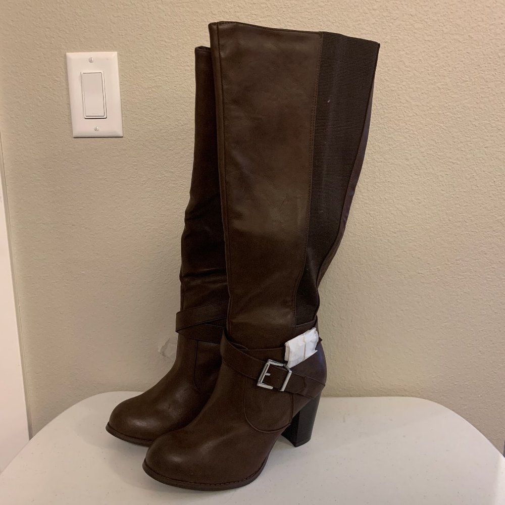Brown Knee High Buckle 3.5” Heel Boot (Wide Width & Wide Calf)